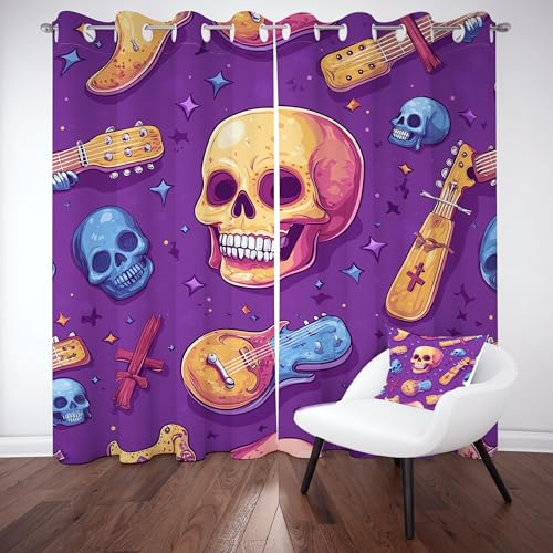 Gklnmcx Vintage Gitarre Vorhang Für Kinderzimmer, Stern Totenkopf Verdunklungsvorhang 2er Set, Tag Der Toten Totenkopf Gardinen Ösen, Wohnzimmer Schlafzimmer, Blackout Vorhange, 137 x 132, 2er Set Gklnmcx Vintage Gitarre Vorhang Für Kinderzimmer, Stern Totenkopf Verdunklungsvorhang 2er Set, Tag Der Toten Totenkopf Gardinen Ösen, Wohnzimmer Schlafzimmer, Blackout Vorhange, 137 x 132, 2er Set von Gklnmcx