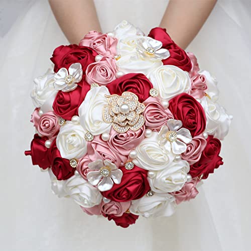 Gkvszy Brautstrauß mit Strass-Brosche, Perle für Braut, Brautjungfer, Hochzeit, Quinceanera, Satin-Rosenblumenstrauß, Burgunderrot und Blush Pink Elfenbein, 22,1 cm Gkvszy Brautstrauß mit Strass-Brosche, Perle für Braut, Brautjungfer, Hochzeit, Quinceanera, Satin-Rosenblumenstrauß, Burgunderrot und Blush Pink Elfenbein, 22,1 cm von Gkvszy