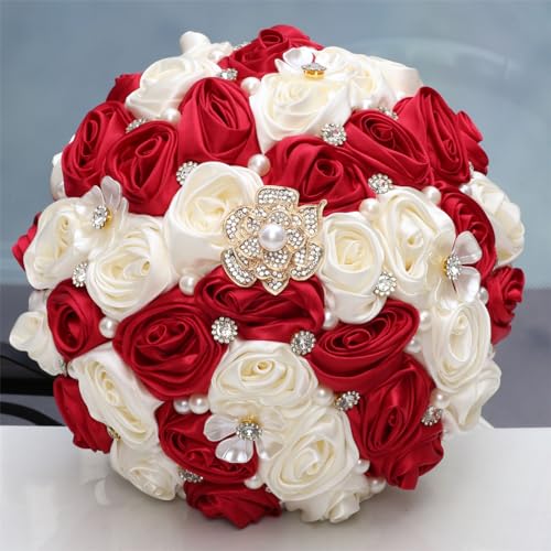 Gkvszy Brautstrauß mit Strass-Brosche, Perlenstrauß für Braut, Brautjungfer, Quinceanera, Rosenblume, Brautstrauß, Hochzeit, Burgunderrot und Elfenbein, 22,1 cm Gkvszy Brautstrauß mit Strass-Brosche, Perlenstrauß für Braut, Brautjungfer, Quinceanera, Rosenblume, Brautstrauß, Hochzeit, Burgunderrot und Elfenbein, 22,1 cm von Gkvszy