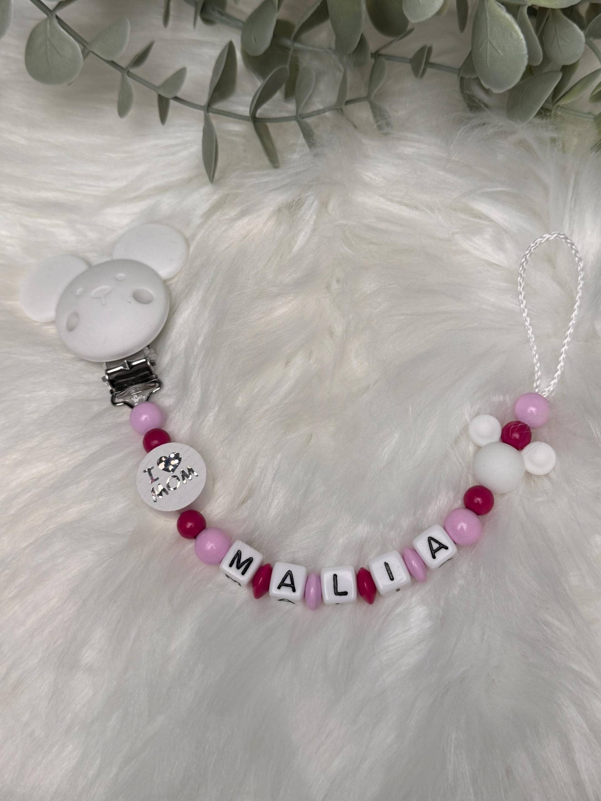 Schnullerkette Mit Namen, Rosa Weiß, I Love Mom, Geschenkidee, Babyparty, Personalisiert Schnullerkette Mit Namen, Rosa Weiß, I Love Mom, Geschenkidee, Babyparty, Personalisiert von GlamAccessoires
