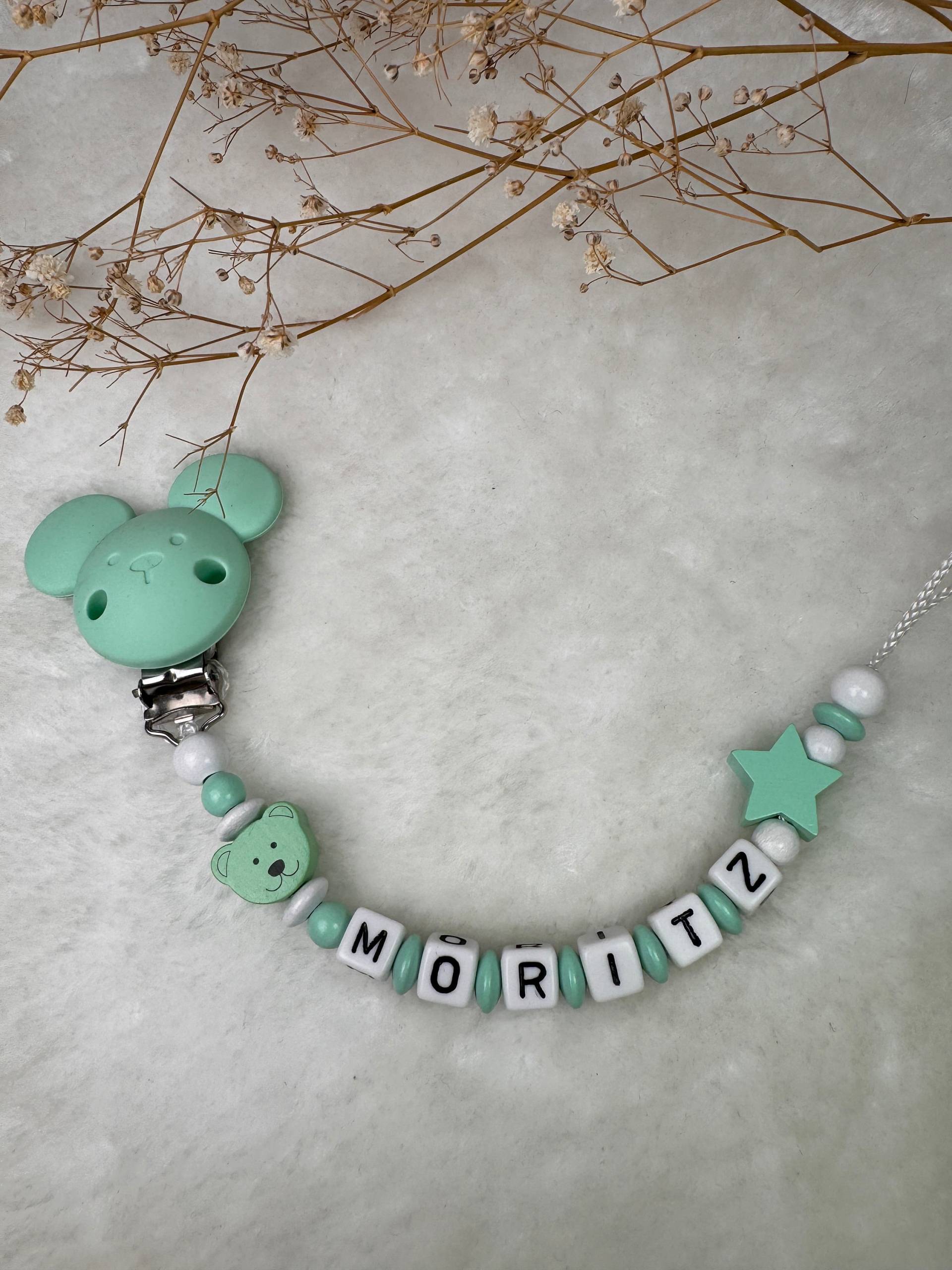 Schnullerkette Mit Namen - Mint Bärchen Und Maus Clip Geschenkidee Babyparty- Personalisiert Schnullerkette Mit Namen - Mint Bärchen Und Maus Clip Geschenkidee Babyparty- Personalisiert von GlamAccessoires