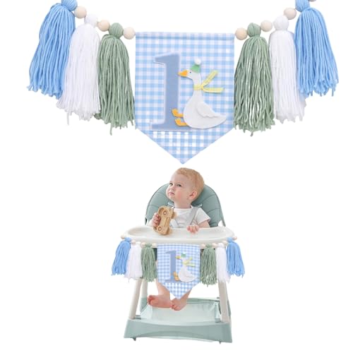 GlamRays 1 Geburtstag Hochstuhl Banner Eine Gans Dekorationen Blumen Rasen Party Foto Requisiten Lustige Tassel Banner (Blau Gans Geburtstags Banner) von GlamRays