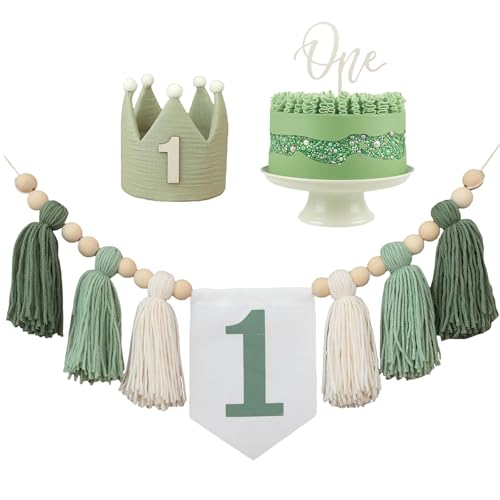 GlamRays 1 Geburtstag Hochstuhl Banner Grüne Partydeko für Mädchen Jungen Baby Dusche Kinderzimmer (mit 1 “One” Holzschildern) von GlamRays