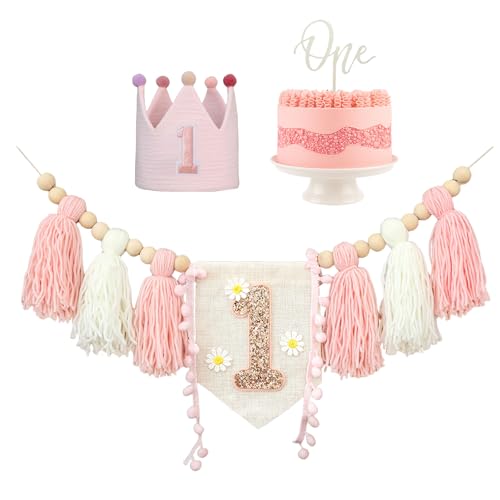 GlamRays 1 Geburtstag Hochstuhl Banner Rosa Partydeko für Mädchen Jungen Baby Dusche Kinderzimmer (mit 1“One” Holzschildern) von GlamRays