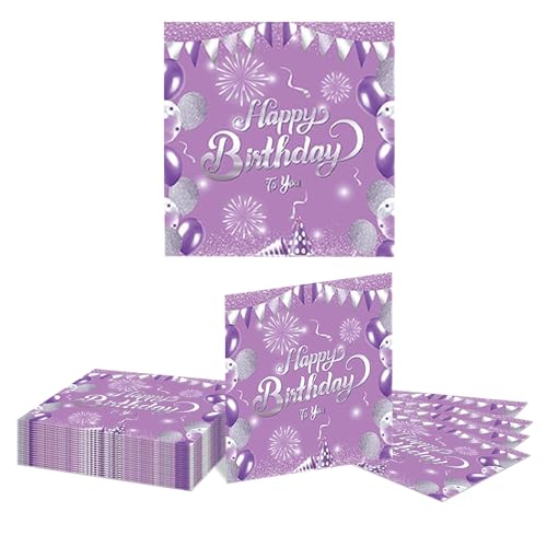 GlamRays 20 Stück Happy Birthday Servietten Lila und Silber Thema Einweg Papier Servietten für Dinner Picknick Cocktail Geburtstags Party Bedarf Dekorationen für Männer Frauen(Lila) von GlamRays