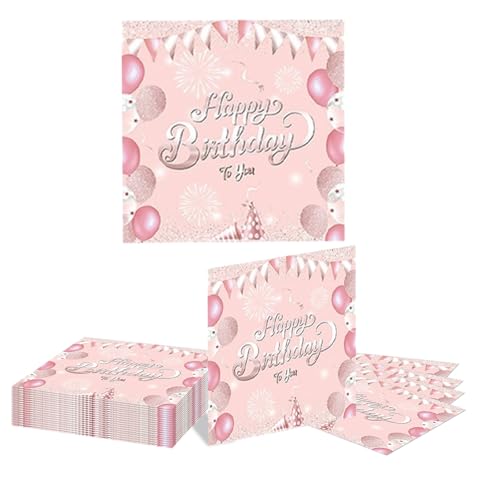GlamRays 20 Stück Happy Birthday Servietten Rosa und Silber Thema Einweg Papier Servietten für Dinner Picknick Cocktail Geburtstags Party Bedarf Dekorationen für Männer Frauen(Rosa) von GlamRays