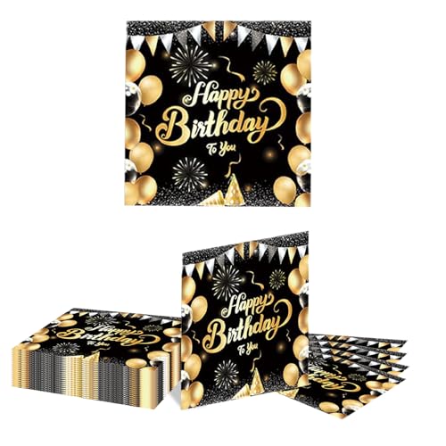 GlamRays 20 Stück Happy Birthday Servietten Schwarz und Silber Thema Einweg Papier Servietten für Dinner Picknick Cocktail Geburtstags Party Bedarf Dekorationen für Männer Frauen(Schwarz) von GlamRays