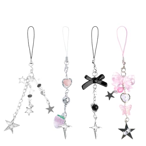 GlamRays 4 Stück Cute Telefonanhänger Ästhetisch Y2K Handyanhänger Band Pink Erdbeere Schmetterling Stern Handyanhänger Y2K Zubehör für Handy Tasche Schlüsselanhänger GlamRays 4 Stück Cute Telefonanhänger Ästhetisch Y2K Handyanhänger Band Pink Erdbeere Schmetterling Stern Handyanhänger Y2K Zubehör für Handy Tasche Schlüsselanhänger von GlamRays