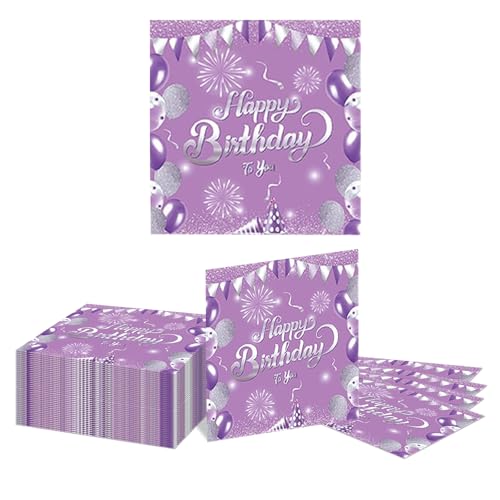 GlamRays 40 Stück Happy Birthday Servietten Lila und Silber Thema Einweg Papier Servietten für Dinner Picknick Cocktail Geburtstags Party Bedarf Dekorationen für Männer Frauen(Lila) von GlamRays