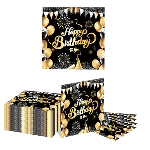 GlamRays 40 Stück Happy Birthday Servietten Schwarz und Silber Thema Einweg Papier Servietten für Dinner Picknick Cocktail Geburtstags Party Bedarf Dekorationen für Männer Frauen(Schwarz) von GlamRays
