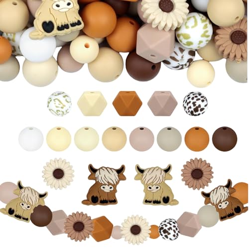 GlamRays 76 Stück Highland Cow Focal Silicone Beads – Tierförmig, Braun & Weiß Kuhperlen für DIY Handarbeit, Schlüsselanhänger, Armbänder, Stifte – Perfekt für kreative Projekte von GlamRays
