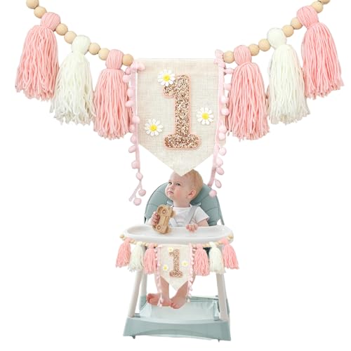 GlamRays Boho 1. Geburtstag Hochstuhl Banner Partydeko für Mädchen Baby Dusche Wandaufhänge Dekoration für Kinderzimmer (mit Gänseblümchenmuster Rosa Weißem) von GlamRays