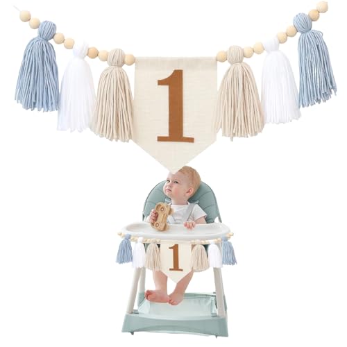 GlamRays Boho 1. Geburtstag Hochstuhl Banner Partydeko für Mädchen und Jungen Baby Dusche Wandaufhänge Dekoration für Kinderzimmer (Blau Weißem) von GlamRays