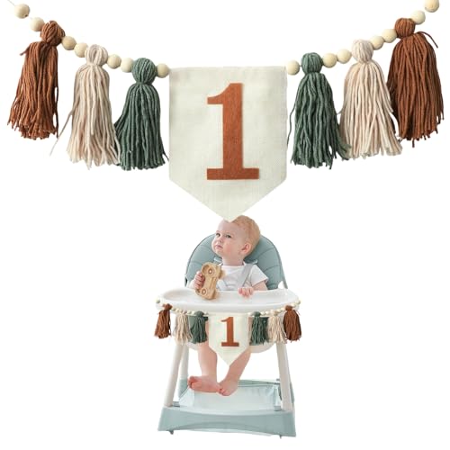GlamRays Boho 1. Geburtstag Hochstuhl Banner Partydeko für Mädchen und Jungen Baby Dusche Wandaufhänge Dekoration für Kinderzimmer (Braun Grün Weiß) von GlamRays