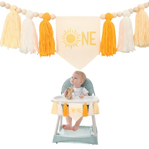 GlamRays Erster Geburtstag Boho Sonne Hochstuhl Banner - Sonnenschein Tassels Erster Geburtstags Party Dekorationen Gelbe Tassel Holzperlen Hochstuhl Banner von GlamRays
