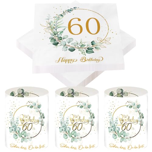 Glamifyr 20 Stück Servietten 60 Geburtstag Frau + 8 Stück Windlicht Tischdeko 60 Geburtstag Frau, Servietten Happy Birthday Servietten 60 Mann Servietten Eukalyptus Grün von Glamifyr