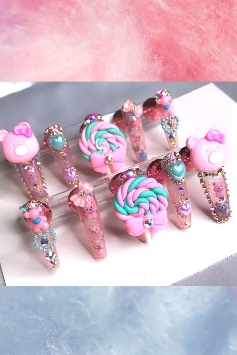 Peekabear - Größe Medium Kawaii Pink Teddybär Luxus Press On Nagel Set/Kawaii Nägel/Teddybär Nägel/Candy Nägel/Pink Nägel von GlamourSpellNails