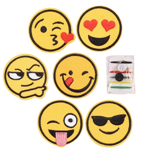 Bestickte Aufnäher, 6 Stück Smile Face Aufnäher zum Aufbügeln mit Nähset, gelbes Lächeln, niedliches fröhliches Gesicht Patches für Kleidung, Jeans, Taschen, Hut, Basteln, Dekoration, DIY-Zubehör von Glanzend