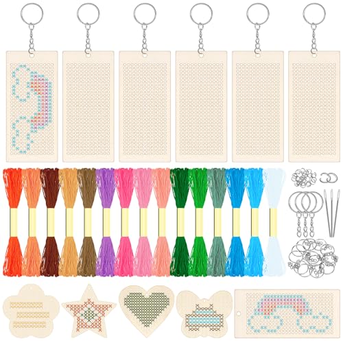 GLARKS 61pcs Holz Kreuzstich Kit, 5 Stil mit 3 Werkzeugen für Anfänger, Basteln DIY Kreuzstich Nähen, Handwerk Kreuzstich Holz Kit Holzfädeln Kits Stickerei (Rechteck) von Glarks