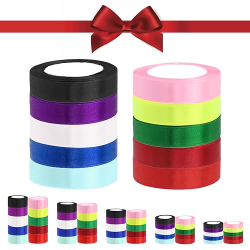 Glarks 10 Rolls 5/8 Inches x 25 Yards Satin Ribbons Set, 10 Colors Double Faced Polyester Fabric Ribbon Roll Fabric Satin Ribbon for Gifts Wrapping Hair Bows Flower Packaging Party Wedding Decoration von Glarks