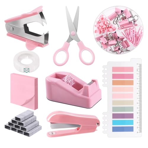 Glarks 1008pcs Pink Office Supplies Kit Schreibtisch Zubehör umfassen Hefter, Tape Dispenser, Hefter Entferner, Index Tabs, Büro Schere, Haftnotizen von Glarks