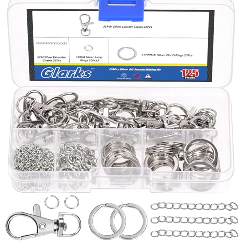 Glarks 125pcs Silber Schlüsselanhänger Herstellung Kit, Schlüsselanhänger Handwerkszubehör einschließlich Schlüsselanhänger Clips mit Ketten, Hummer Klauen Verschlüsse, Schlüsselringe und Sprungringe von Glarks