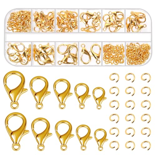 Glarks 170Pcs Gold Lobster Claw Clasp with Open Jump Rings Kit 10mm 12mm 14mm 16mm 18mm Necklace Clasps for Bracelet Necklace Jewelry Making von Glarks