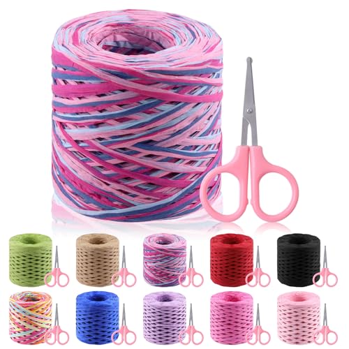Glarks 200 m Bastband mit Scheren-Set, farbiges Bastpapier, Bastelband, natürliche Bastschnur, Kraftpapier, Verpackungsband, Bindfaden, Verpackungen, Bastelbedarf (Rosarot + Dunkelgrün) von Glarks