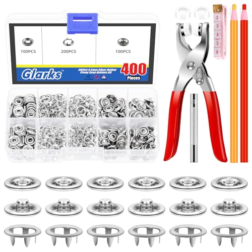 Glarks 407pcs 9.3mm silberfarbenes Metall-Druckknöpfe-Set, hohle Zinken-Druckknöpfe mit Maßband und rot/gelber Schneiderkreide-Set für Heimwerker, Nähen, Basteln Glarks 407pcs 9.3mm silberfarbenes Metall-Druckknöpfe-Set, hohle Zinken-Druckknöpfe mit Maßband und rot/gelber Schneiderkreide-Set für Heimwerker, Nähen, Basteln von Glarks