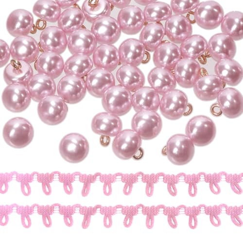 Glarks 51pcs 10mm halbe gewölbte Perlenknöpfe, rosa Harz Perlenknöpfe und Metallschaft mit Knopfschlaufe Trim, Metall Kreis Haken Knöpfe für Kleidung, Handwerk, Nähen von Glarks