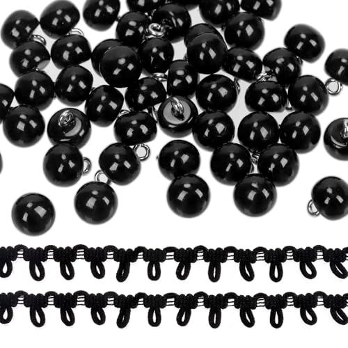 Glarks 51pcs 10mm halbe gewölbte Perlenknöpfe, schwarze Harz Perlenknöpfe und Metallschaft mit Knopfschlaufe Trim, Metall Kreis Haken Knöpfe für Kleidung, Handwerk, Nähen von Glarks