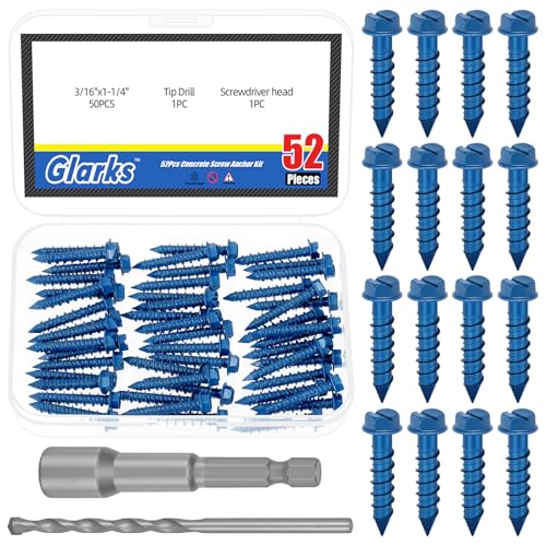 Glarks 52pcs 3/16 x 1-1/4 '' Schlitz Hex Waschkopf Betonschrauben Ankersatz, blaue Schwerlast Zementschrauben mit Bohrbutzen und Treiberbutzen zur Verankerung an Mauerwerk, Stuck von Glarks