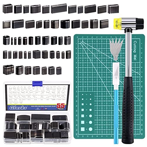 Glarks 55-teiliges Lochstanzer-Werkzeug-Set enthält 52 Formen, ein Loch, Hohlstanzer-Set, Tranchiermesser mit 5 Klingen, einen Gummihammer und eine A5-Schneidematte für handgefertigte Lederhandwerk von Glarks