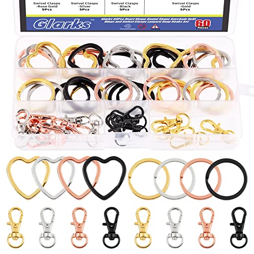 Glarks 60-teiliges flaches Schlüsselanhänger-Ring-Set, 4 Farben, kreative Herzform und runde Form, Schlüsselanhänger, geteilte Schlüsselanhänger mit Drehverschlüssen, Kunsthandwerk, Schlüsselbänder von Glarks