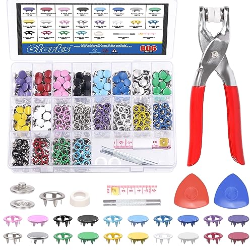 Glarks 807Pcs Druckknöpfe mit Snap Zange Press Tool, 9.5mm 10-Farben Hohl und Solid Metal Prong Druckknöpfe und Druckknöpfe Werkzeug mit Band Maß und Schneider Kreide Kit für Nähen Handwerk von Glarks