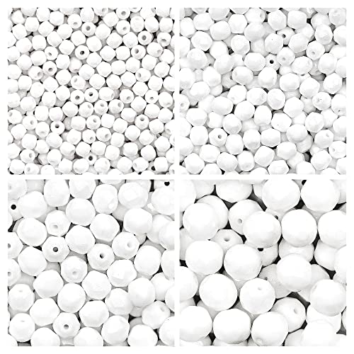 Set aus Tschechischen Glasfeuerpolierten Perlen in Kreideweiß Farbe zum Herstellen von Schmuck und Bastelarbeiten - Verschiedene Größen 3 mm, 4 mm, 6 mm, 8 mm. Insgesamt 275 Stück. von SCARA BEADS GET INSPIRED
