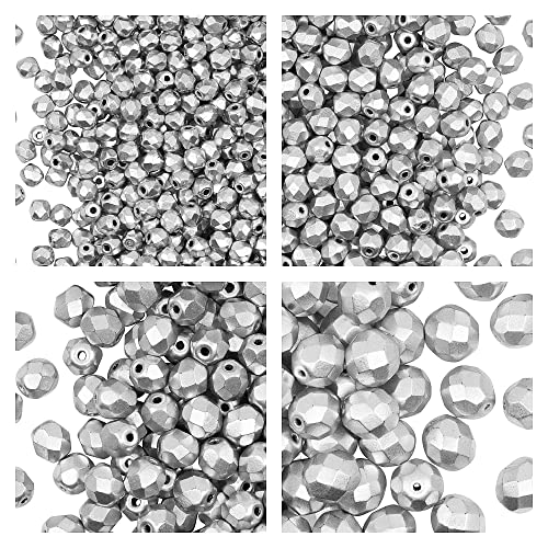 Set aus Tschechischen Glasfeuerpolierten Perlen in Silbermatte Farbe zum Herstellen von Schmuck und Bastelarbeiten - Verschiedene Größen 3 mm, 4 mm, 6 mm, 8 mm. Insgesamt 275 Stück. von SCARA BEADS GET INSPIRED