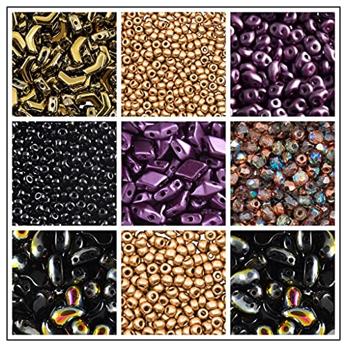 ScaraBeads, Ein Set Tschechischer Glasperlen in Verschiedenen Formen, Größen und Farben, Böhmisches Glas, Mehrfarbig (Schwarz, Gold, Lila, Regenbogen) von SCARA BEADS GET INSPIRED