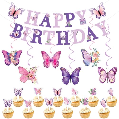 Geburtstagsdeko, Lila Geburtstag Party Deko mit Happy Birthday Girlande, Schmetterlinge Spiralen Hängedeko, Schmetterling Torten Deko, Wiederverwendbare Deko Geburtstag für alle Menschen Geburtstagsdeko, Lila Geburtstag Party Deko mit Happy Birthday Girlande, Schmetterlinge Spiralen Hängedeko, Schmetterling Torten Deko, Wiederverwendbare Deko Geburtstag für alle Menschen von GlauStalos