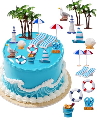 Glavatrix 15 Stück Strand-Kuchendekorationen, tropische Sommer-Kuchendekorationen mit Palmen, Stühlen, Regenschirm, Segelboot, Hawaii-Ozean-Thema, Cupcake-Dekoration für Geburtstag, Babyparty von Glavatrix