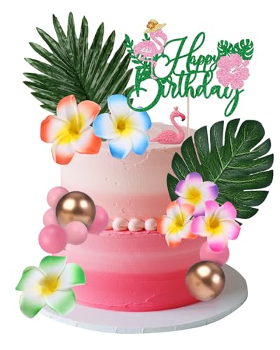 Glavatrix 18 Stück Flamingo-Kuchenaufsätze, hawaiianische Luau-Kuchendekorationen, Sommer-Kuchendekoration mit rosa Flamingo-Figuren und Blumenpalmenblättern für Aloha-, Tropen- und von Glavatrix