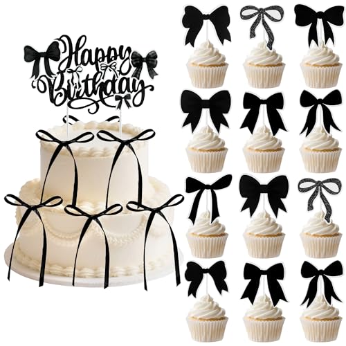 Glavatrix Schwarze Schleife, Geburtstagskuchendekorationen, 1 Packung Kokettschleife mit Happy Birthday-Schild, 12 x Cupcake-Topper und 6 x Twist-Bindeschleifen für Brautparty, Hochzeit, Party von Glavatrix