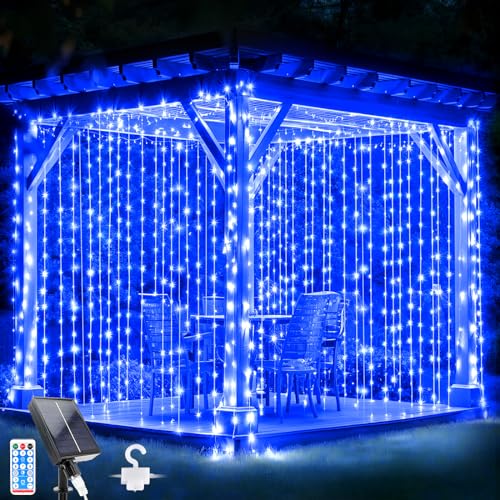 Glaxcidy Lichtervorhang Innen 3mx3m, 300 LEDs Solarvorhang Licht 8 Modi mit Fernbedienung, Wasserdichte Lichterkette Gardine für Innen Deko, Weihnachten, Schlafzimmer, Party, Hochzeit, Blau von Glaxcidy