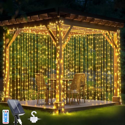 Glaxcidy Lichtervorhang Innen 3mx3m, 300 LEDs Solarvorhang Licht 8 Modi mit Fernbedienung, Wasserdichte Lichterkette Gardine für Innen Deko, Weihnachten, Schlafzimmer, Party, Hochzeit, Warmweiß von Glaxcidy