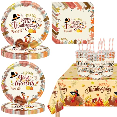 121-teiliges Thanksgiving-Teller-Set mit Tischdecke für 24 Gäste, Glazeal Einwegteller mit 17,8 cm / 22,9 cm großen Teller mit Thanksgiving-Serviette und Tischdecken-Briefen von Glazeal