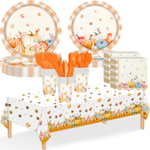 141-teiliges Thanksgiving-Teller-Set mit Tischdecke für 20 Gäste, Glazeal Einwegteller mit 17,8 cm / 22,9 cm großen Teller mit Thanksgiving-Serviette und Tischdecke, Kürbis von Glazeal