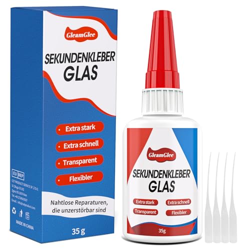 Sekundenkleber Glas 35g, extra stark Glaskleber transparent & wasserfest & hitzebeständig, Kleber für Glas, Acrylglas, Kunst, Kristall und mehr von GleamGlee