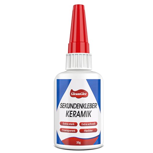 Sekundenkleber für Keramik & Porzellan 35g, Extra stark Keramikkleber, Wasserfester und spülmaschinenfest & hitzebeständiger & transparent Porzellankleber mit Anti-Verstopfungskappe - Reparatur Kleber von GleamGlee
