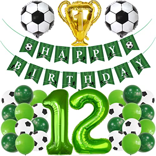 Glecxuy Fußball Luftballons 12. Geburtstag Deko, Fußball Geburtstagsdeko 12 Jahr, Ballon 12. Geburtstag Fussball Deko Junge, Happy Birthday Girlande für 12. Geburtstag Fussball Party Deko von Glecxuy