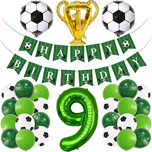Glecxuy Fußball Luftballons 9. Geburtstag Deko, Fußball Geburtstagsdeko 9 Jahr, Ballon 9. Geburtstag Fussball Deko Junge, Happy Birthday Girlande für 9. Geburtstag Fussball Party Deko von Glecxuy